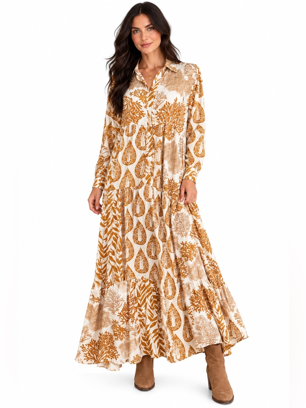 Bigg Bull Silk Boho Maxi Shirt Dress Rust Cream Gold Threading Botanical Print